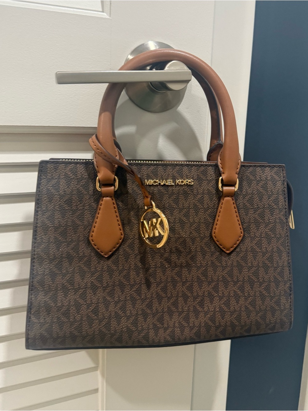 Michael Kors Brown and Tan Logo Satchel with Gold Hardware
